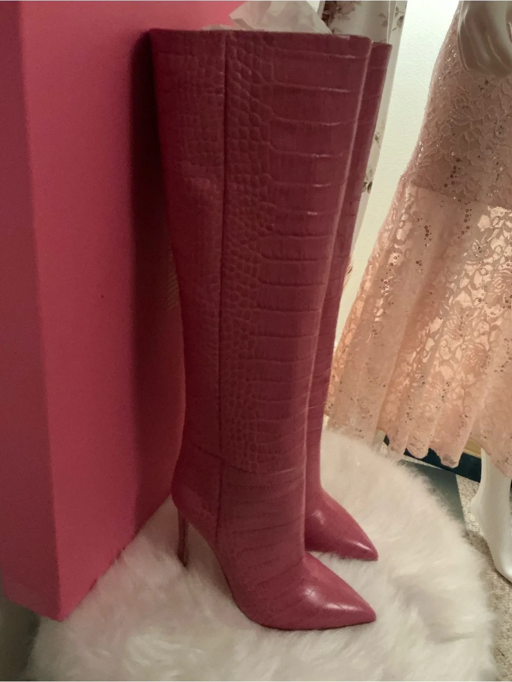 Paris Texas Pink Croc-Embossed Knee-High Pointed Toe Boots - Picture 4 of 9